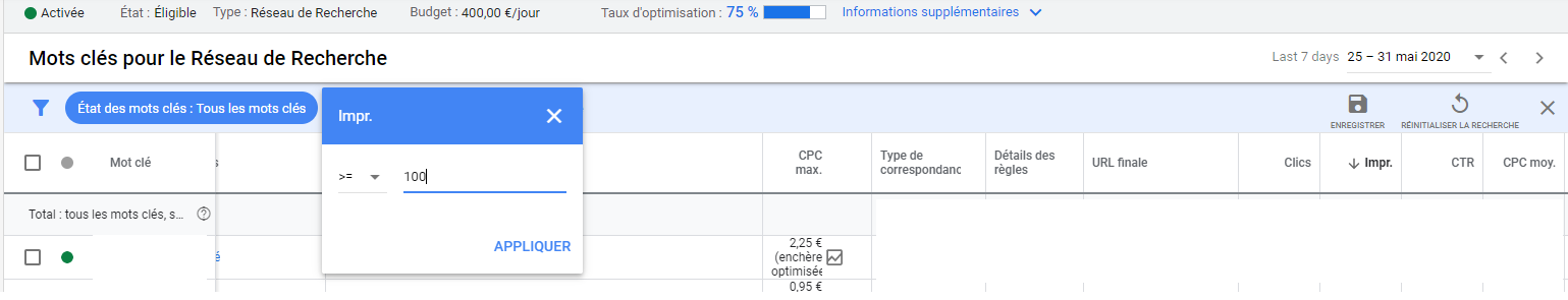 filtre keyword impression