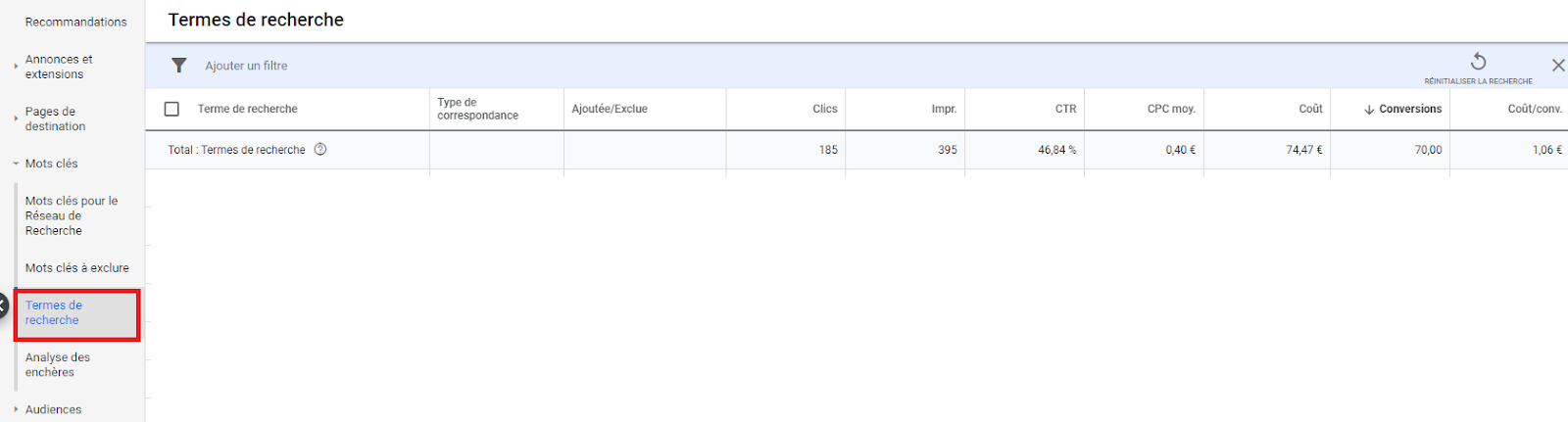 interface terme recherches google ads