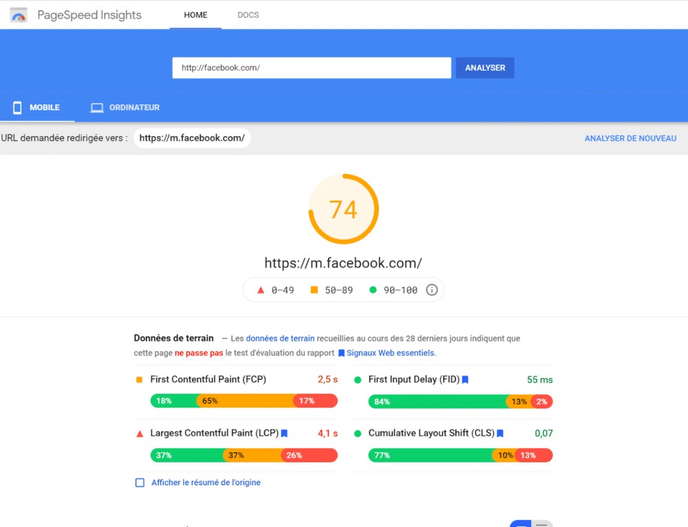 screenshot utilisation google page speed insight