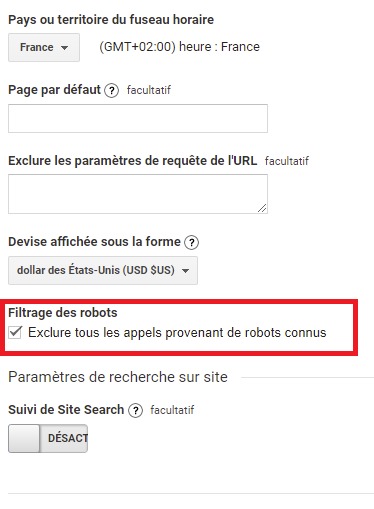 screenshot filtre robot google analytics