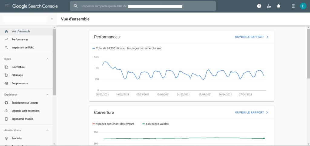 Capture d'écran de l'interface de la Google Search Console